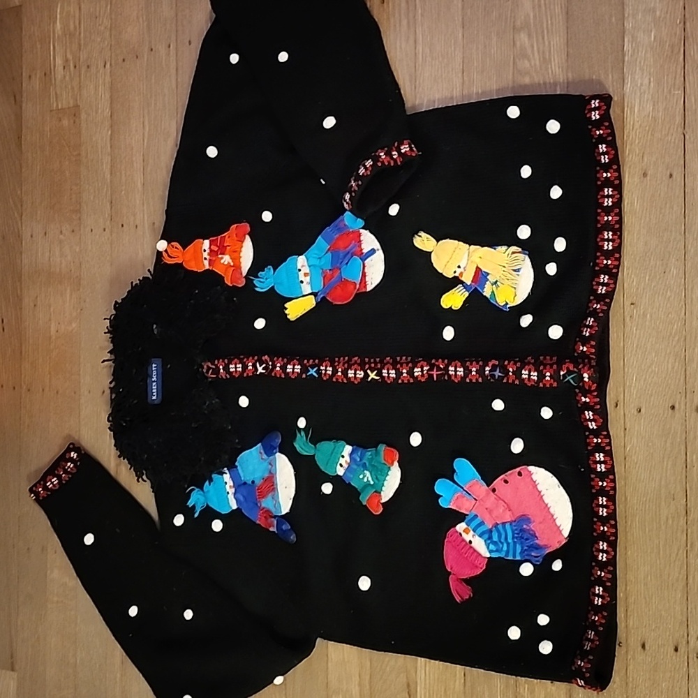 Karen Scott Snowman W/ Snowballs 3D Design Black Cardigan Christmas Size Large